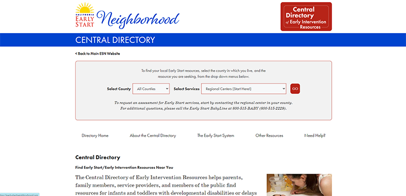 California Early Start Central Directory of Early Intervention Resources for Infants and Toddlers with Disabilities and Their Families