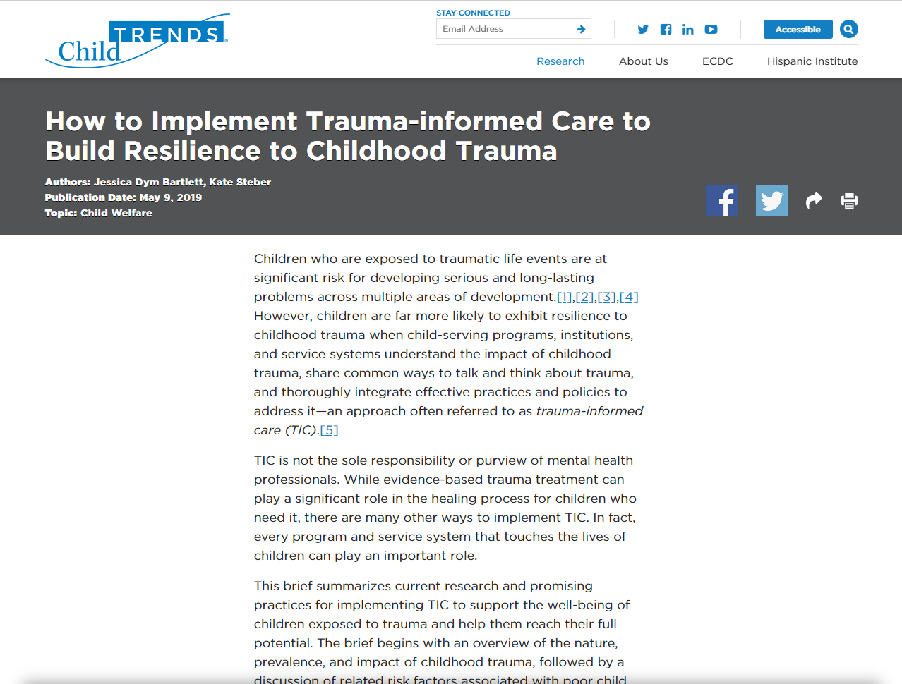 Child Trends: How to Implement Trauma-informed Care to Build Resilience to Childhood Trauma