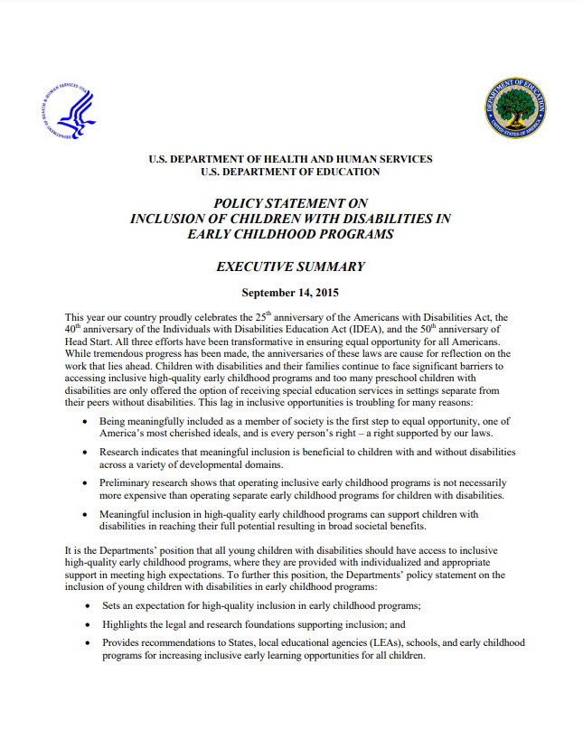 Federal Policy Statement from the Department of Education and Department of Health and Human Services: Inclusion of Children with Disabilities in Early Childhood Programs