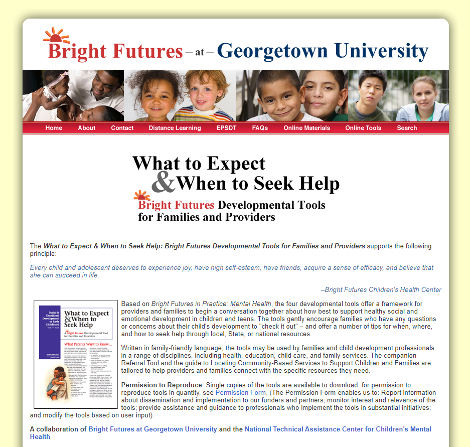 What to Expect and When to Seek Help: Bright Futures Developmental Tools for Families and Providers
